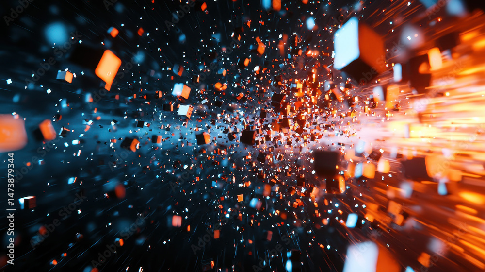 Poster dynamic 4k visuals create an abstract 3d background with realistic orange and blue cubes floating an