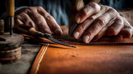Craftsman working with leather in workshop