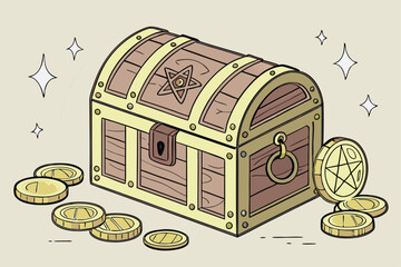 99 Intricate wooden treasure chest, ornately decorated with brass hardware, gold coins scattered around, highly detailed fantasy elements, beautiful lighting, award-winning digital art
