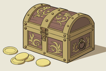99 Intricate wooden treasure chest, ornately decorated with brass hardware, gold coins scattered around, highly detailed fantasy elements, beautiful lighting, award-winning digital art