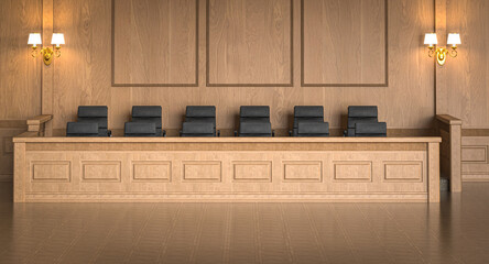 Jury box in empty courtroom with wood paneling and wall sconces 3d