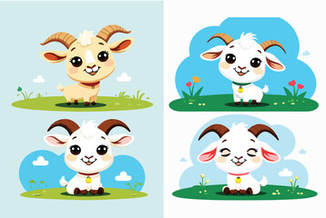 Funny farm animals set vector illustration with cute cow, sheep, pig, dog on green meadow grass with flower.