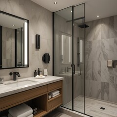 A freshly renovated bathroom with a walk-in glass shower, matte black fixtures, a double vanity with backlit mirrors, and neatly folded towels on open wooden shelves.