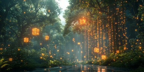 a virtual reality landscape blending natural and digital elements, such as glowing trees