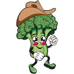 Cute broccoli vegatable vektor illustration mascot character wearing a cowboy hat walking, work of hand drawn