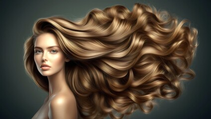 Fototapeta premium Luxurious flowing caramel blonde hair waves on beautiful model with flawless skin against dark teal background for premium hair product advertising.
