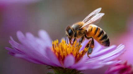 A close-up of a honeybee collecting nectar from a purple flower