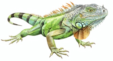 Obraz premium Watercolor green iguana basking in detail