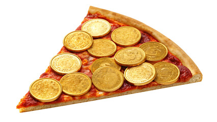 gold coins on a pizza isolated on white