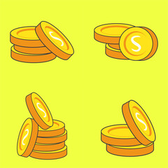 Cartoon Gold Coins Stack Set, Colorful set of four cartoon style illustrations featuring stacks of shiny gold coins with the letter "S" on a bright yellow background
