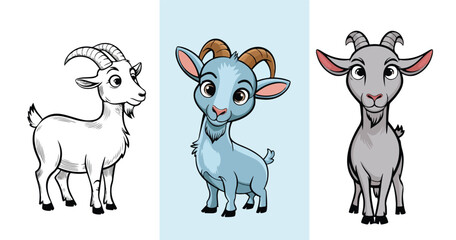 Obraz premium Diverse Cartoon Dairy Goats Collection: Set of Four Isolated Farm Animals in White, Brown, Black, and Light Blue Colors - Various Livestock Breeds for Agricultural and Educational Content (Highlights 