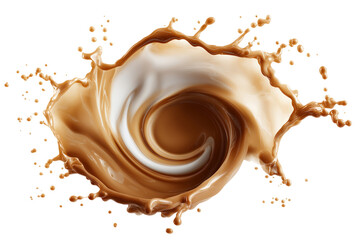 Coffee splash with cream swirl, top view, isolated on white background.