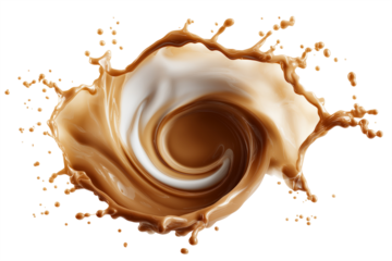 Coffee splash with cream swirl, top view, isolated on white background.