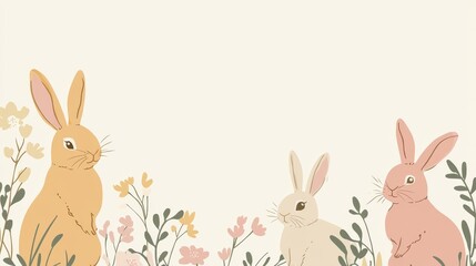 Obraz premium Three Pastel Bunnies in Floral Meadow, Illustration, Spring, Easter, Cute, Rabbits Easter, Spring