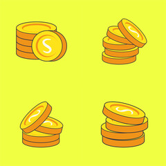 Cartoon Gold Coins Stack Set, Colorful set of four cartoon style illustrations featuring stacks of shiny gold coins with the letter "S" on a bright yellow background