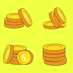 Cartoon Gold Coins Stack Set, Colorful set of four cartoon style illustrations featuring stacks of shiny gold coins with the letter "S" on a bright yellow background