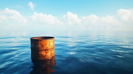 Naklejka premium Rusty barrel floating in calm ocean water under blue sky with clouds sea day old risk waste metal