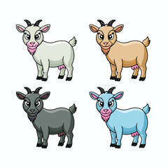 Diverse Cartoon Dairy Goats Collection: Set of Four Isolated Farm Animals in White, Brown, Black, and Light Blue Colors - Various Livestock Breeds for Agricultural and Educational Content (Highlights 