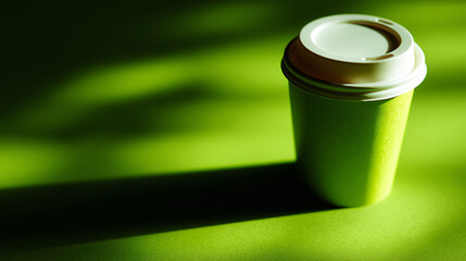 A bright gullible theme coffee cup with a lid sits on a minimalist light-green background in a simple report