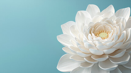 Contemporary 3D flower art featu a realistic white lotus blossom against a soft teal background, presented in 4K resolution for stunning visual clarity.