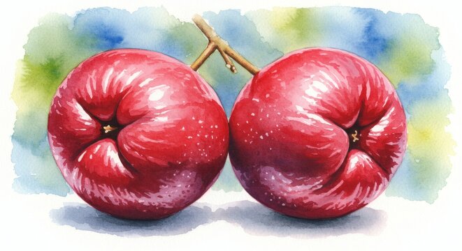 Watercolor Java apples vibrant twin fruits