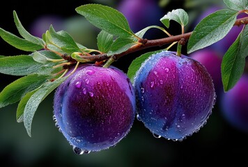 Close-Up of Fresh Plums with Dew on Branch Highlighting Purple Skin and Lush Green Leaves Against a Soft Focus Background