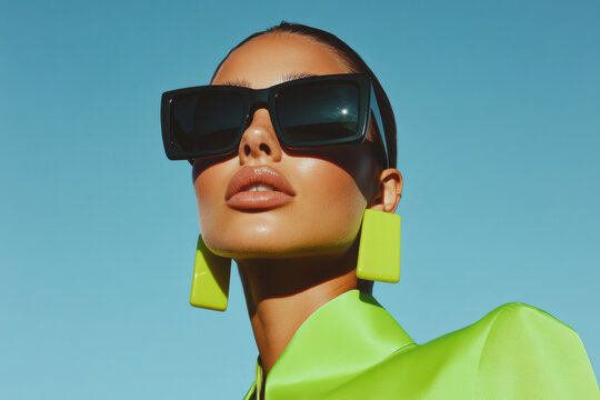 Fashion model wearing sunglasses and bright green earrings posing under blue sky