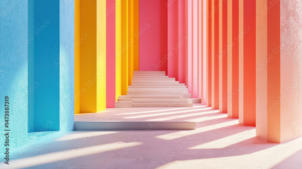 Poster a vibrant 3d rende showcases a contemporary composition with colorful columns and stairs in realisti