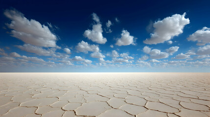 Vast cracked playa extends under bright blue cloudy sky