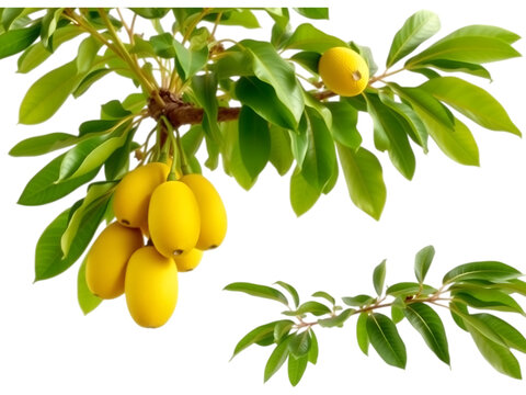 Ripe Yellow Cerbera Odollam Fruits on Branch with Green Leaves on transparent background
