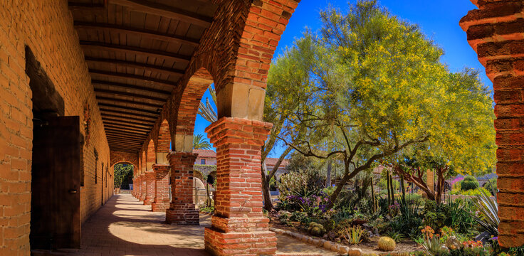 San Juan Capistrano, USA - August 6, 2023: Historic ruins of Mission San Juan Capistrano California, architectural details of the Spanish Colonial era