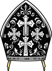 Ornate Black and White Bishop Mitre with Bold Cross Symbols – Vector Religious Headwear Illustration for Clergy and Church Art