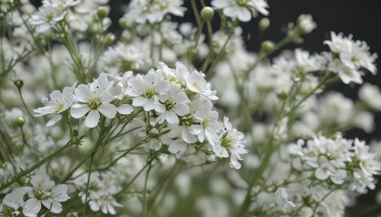 Delicate gypsophila blooms, tiny white petals, close-up view, light, botanical