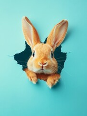 Obraz premium A fluffy-eared Easter bunny is peeking out of a torn hole in a blue wall, as depicted in a banner image