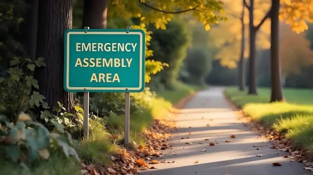 Green Emergency Assembly Area sign away from a building