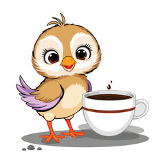 Cute vector cartoon illustration of a happy bird character with funny wings and a big beak