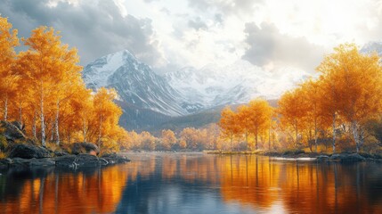 Fototapeta premium A calm river reflects golden autumn trees and snowy mountains under a partly cloudy sky.