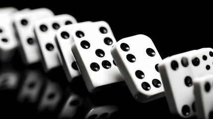 Dominoes falling creating chain reaction on dark surface reflecting light