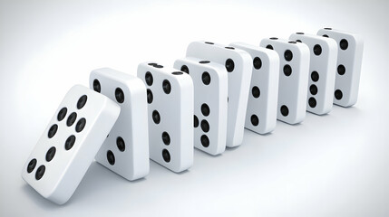 Dominoes topple sequentially in staged white background detail