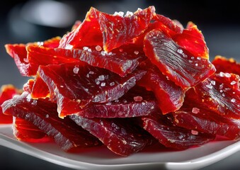 Close-Up of Tasty Red Dried Meat Displayed on a White Plate with Salt Crystals on Top for Culinary and Snack Concept