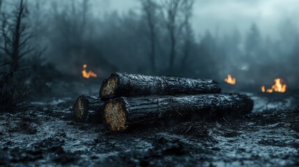 Three wet logs lie on charred ground in a smoky, burnt forest with small fires still burning in the background.