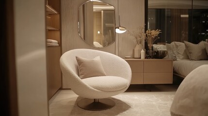 Bedroom corner with oval chair and rounded nightstand near tall mirror