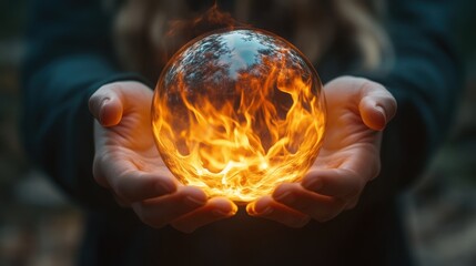 A person holds a glass sphere filled with swirling flames, creating a magical and intense visual effect.
