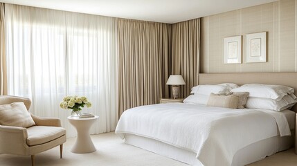 Fototapeta premium Contemporary bedroom with curved headboard and matching rounded side tables