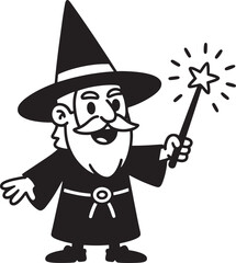 Cartoon wizard character with magic wand performing spell in black and white illustration
