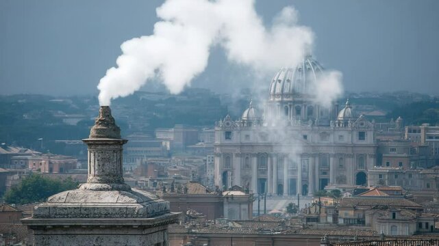 White smoke rising from chimney in Vatican City with St Peter Basilica in background during papal conclave