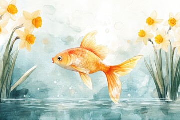 Naklejka premium A vibrant goldfish swims in clear water, surrounded by blooming yellow daffodils and soft watercolor background.