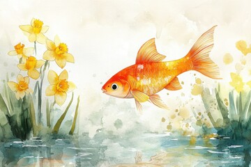 Fototapeta premium A vibrant goldfish swims near yellow flowers in a serene, watercolor pond scene.