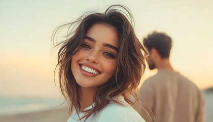 Happy woman beach sunset portrait. (1)