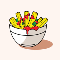 Isolated fast food french fries with red ketchup and yellow mustard on a white background